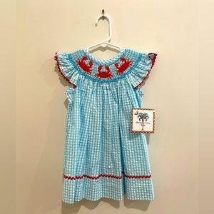 Shrimp and Grits Kids, blue and red crab smocked dress